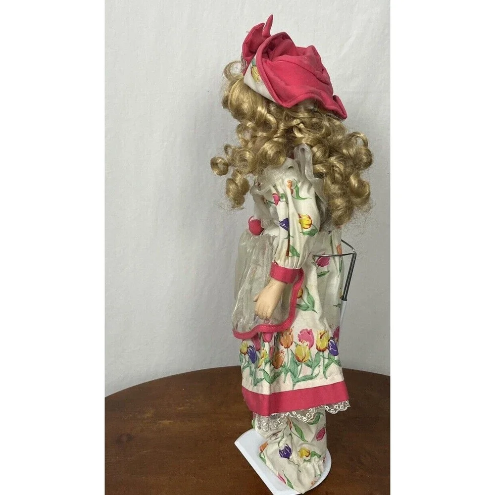 Brass Key Porcelain Doll Tulip Dress Pinafore Bonnet Pantaloons Blonde Curls 16”